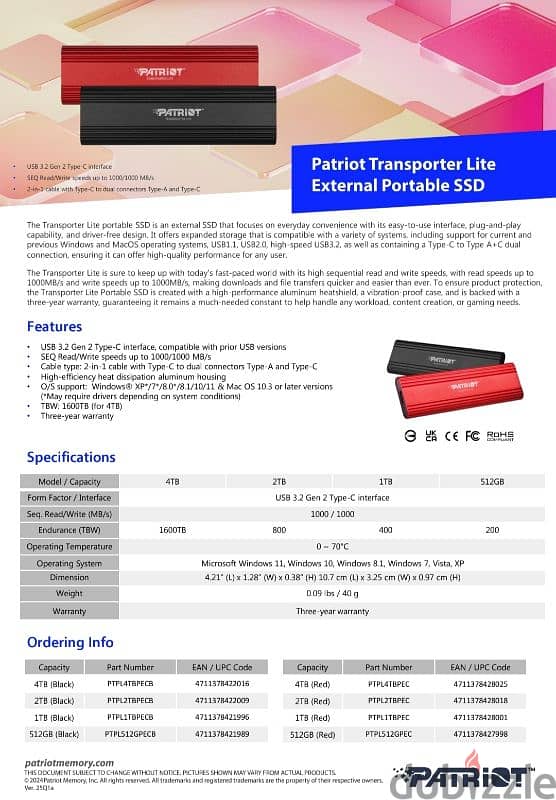 Patriot Transporter Lite SSD 1 TB, Externel SSD, PTPL1TBPEC - Red 6