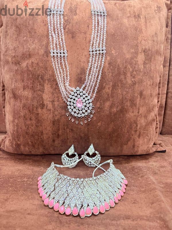 Elegant Pink & Silver Bridal Jewelry Set with Bangles 1
