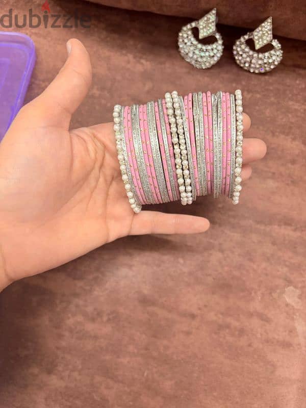 Elegant Pink & Silver Bridal Jewelry Set with Bangles 3