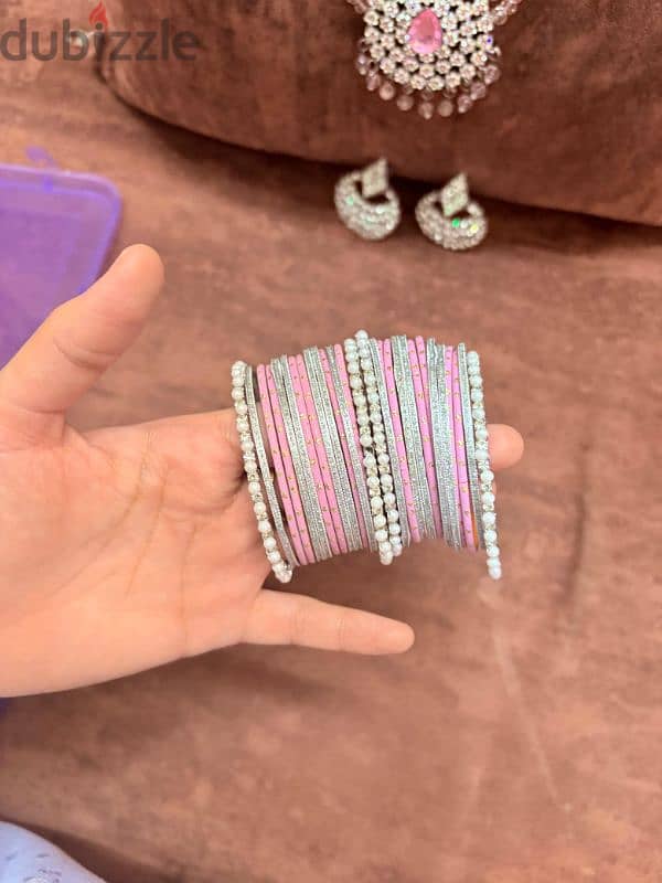Elegant Pink & Silver Bridal Jewelry Set with Bangles 4