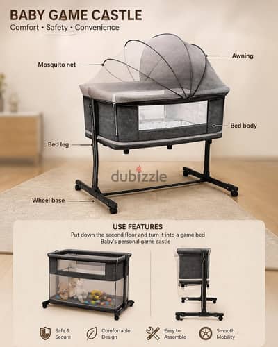 Baby crib 5 in 1 convertible grey color