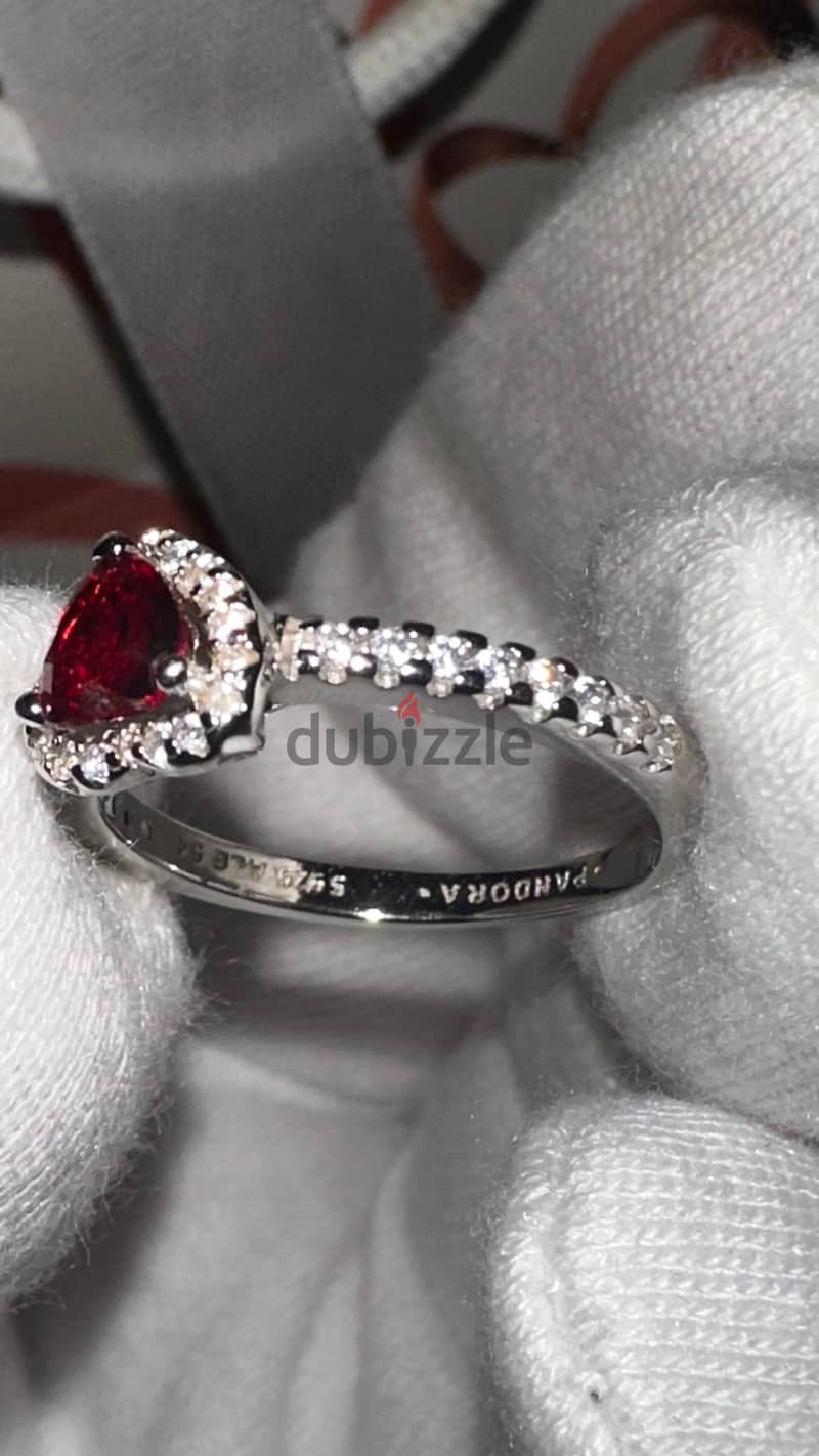 Authentic Pandora Red Sparkling Heart Halo Ring (Sterling Silver) 6