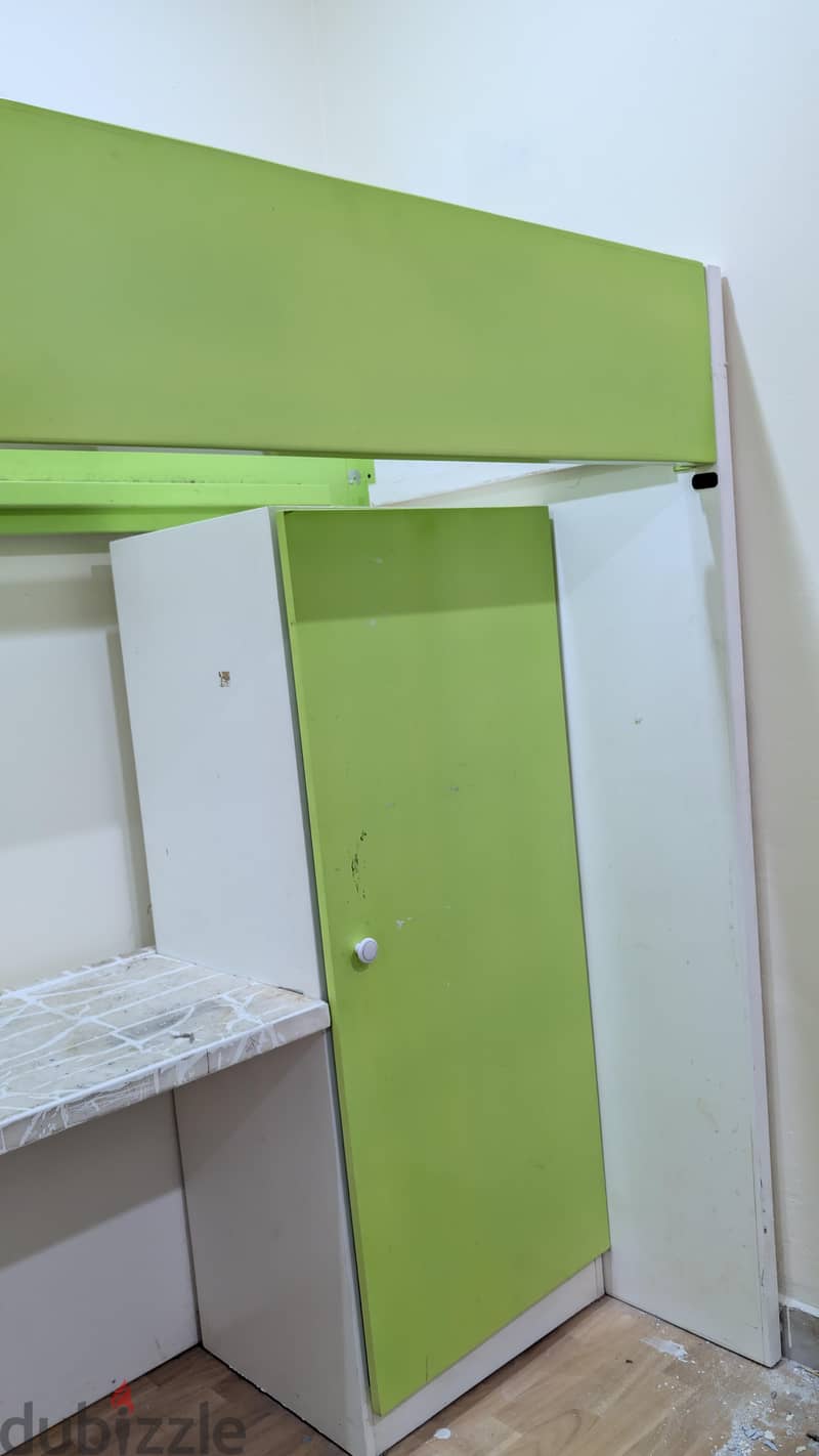 Heavy Duty Loft Bunk Bed with Built-in Desk & Wardrobe (White & Green) 1