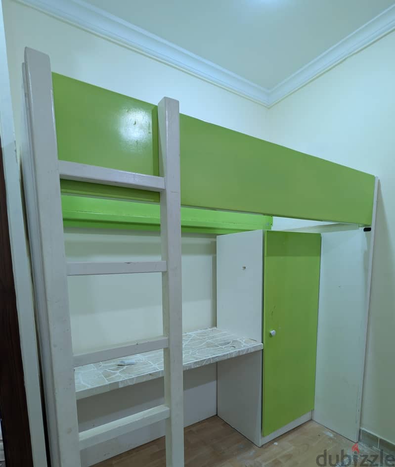 Heavy Duty Loft Bunk Bed with Built-in Desk & Wardrobe (White & Green) 2