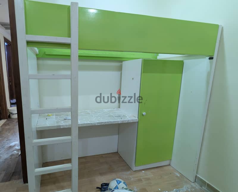 Heavy Duty Loft Bunk Bed with Built-in Desk & Wardrobe (White & Green) 4