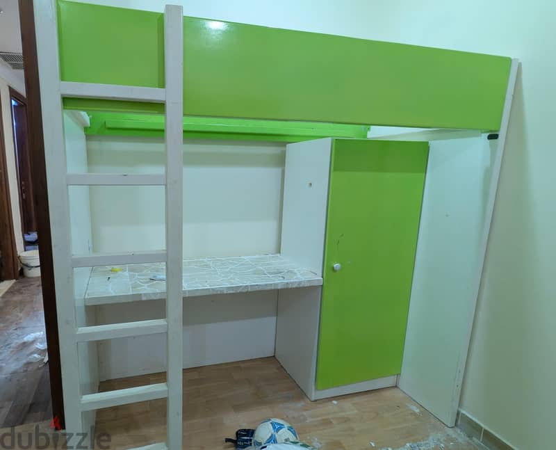 Heavy Duty Loft Bunk Bed with Built-in Desk & Wardrobe (White & Green) 5