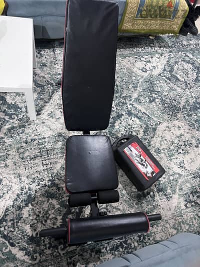 Bench chair new with dumbell set 20 kg bar and box