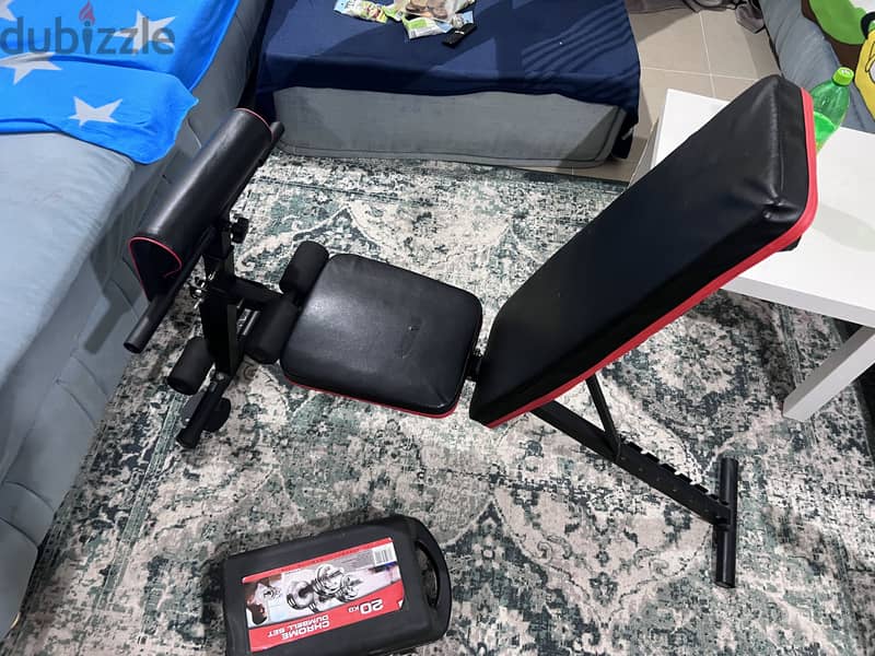 Bench chair new with dumbell set 20 kg bar and box 1