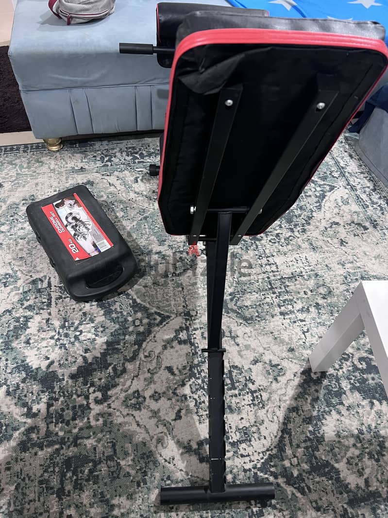 Bench chair new with dumbell set 20 kg bar and box 2