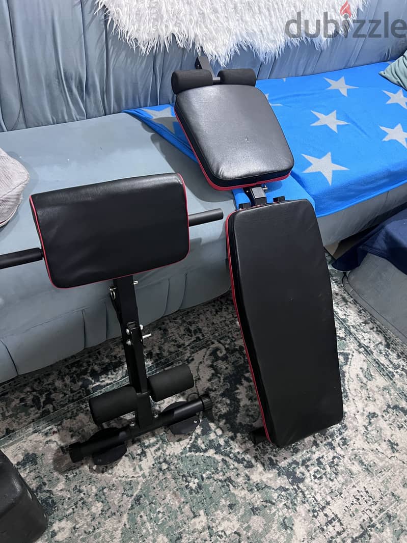 Bench chair new with dumbell set 20 kg bar and box 6