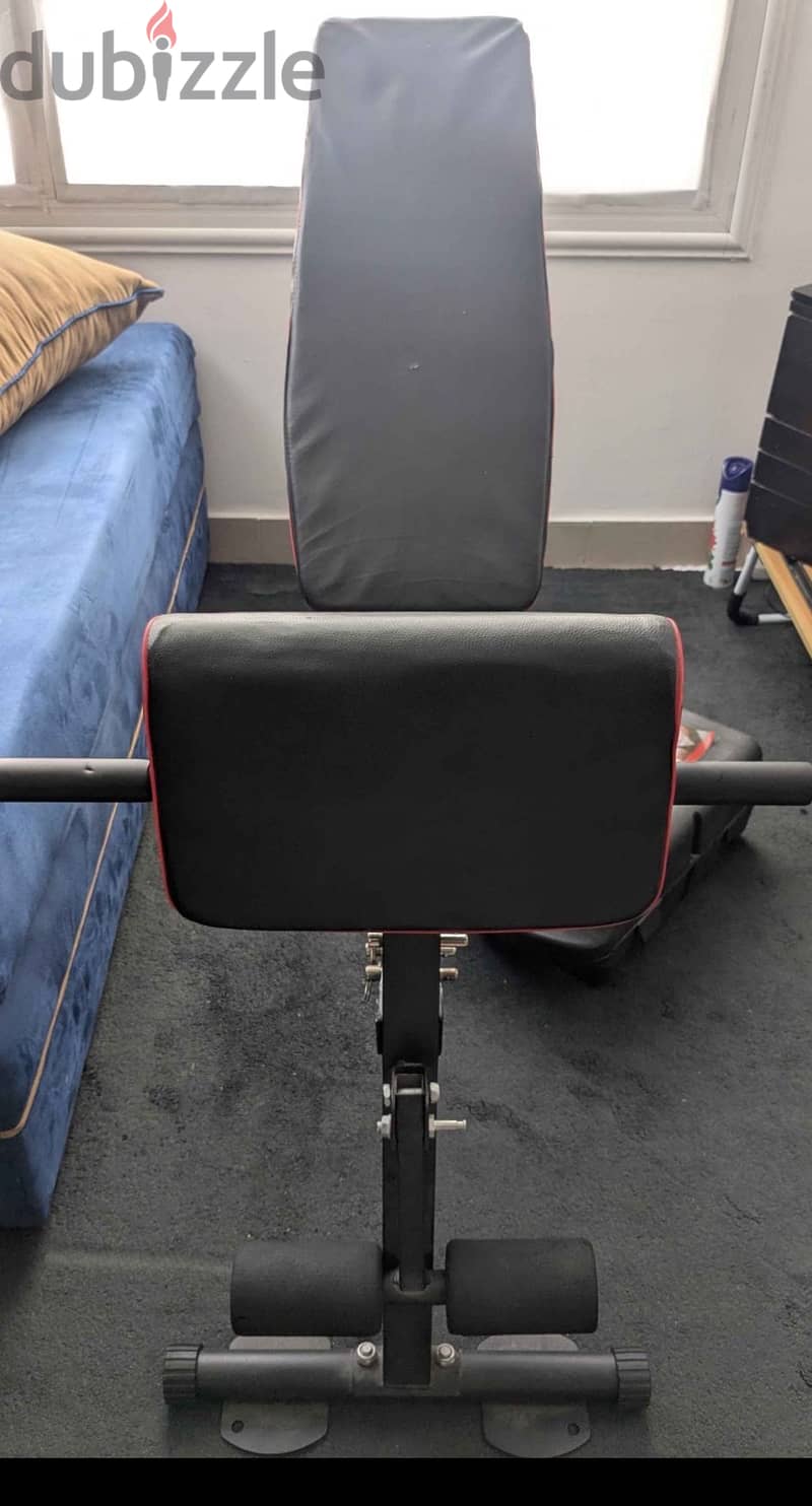 Bench chair new with dumbell set 20 kg bar and box 11