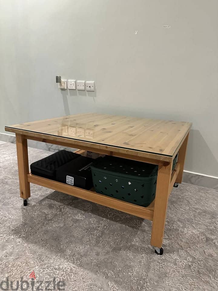Square Pine Coffee Table with Glass Top & Wheels — 90x90cm 2
