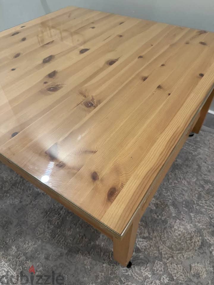 Square Pine Coffee Table with Glass Top & Wheels — 90x90cm 4