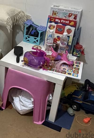 Kids table chair and toys