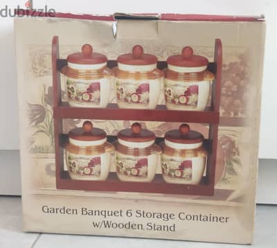 BRAND NEW 6 Storage Containers with wooden stand for SALE