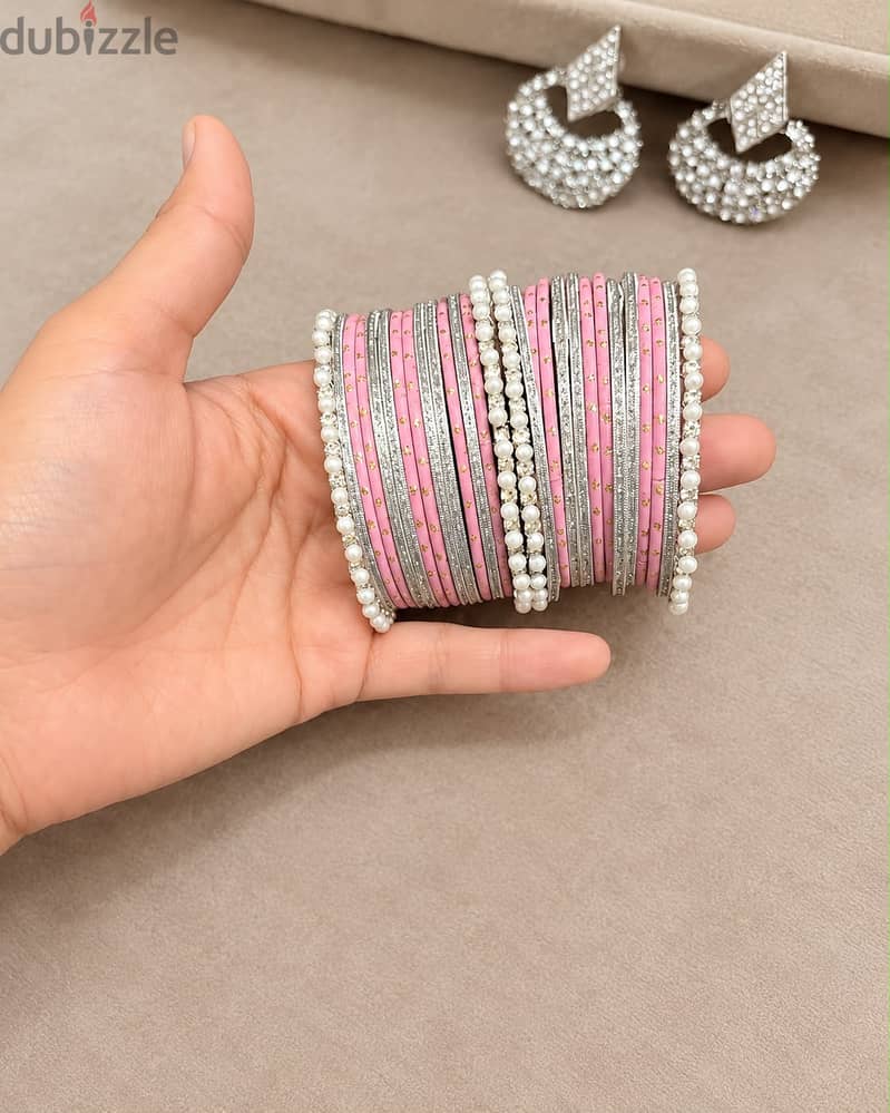Elegant Pink & Silver Bridal Jewelry Set with Bangles 3