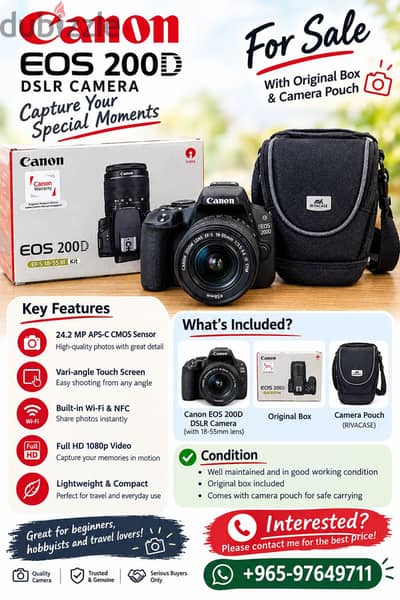 Canon EOS 200D DSLR Camera + 18–55mm Lens | Original Box & Camera Bag