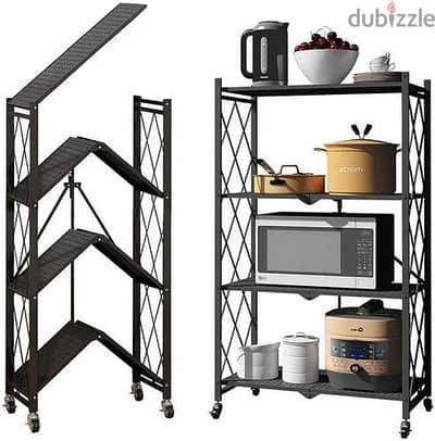 Foldable 4-Tier Storage Rack with Wheels – No Assembly Required (Black