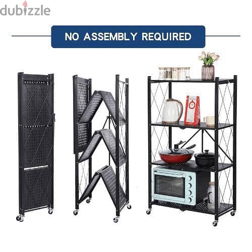 Foldable 4-Tier Storage Rack with Wheels – No Assembly Required (Black 1