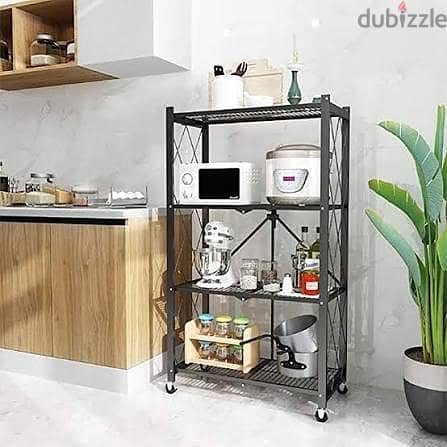Foldable 4-Tier Storage Rack with Wheels – No Assembly Required (Black 2